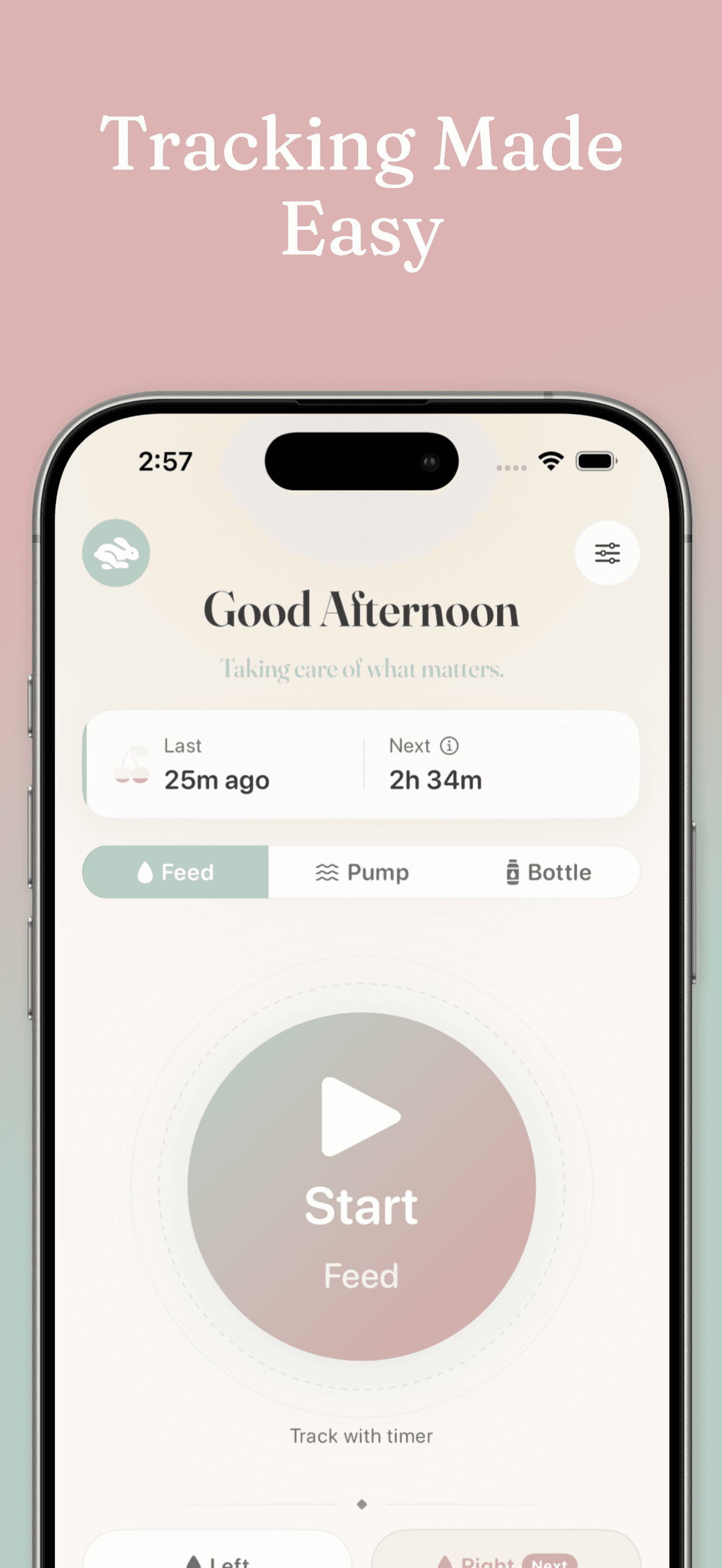 Milk & Minutes app showing the feeding timer interface with one-tap logging, left and right side tracking, and session notes