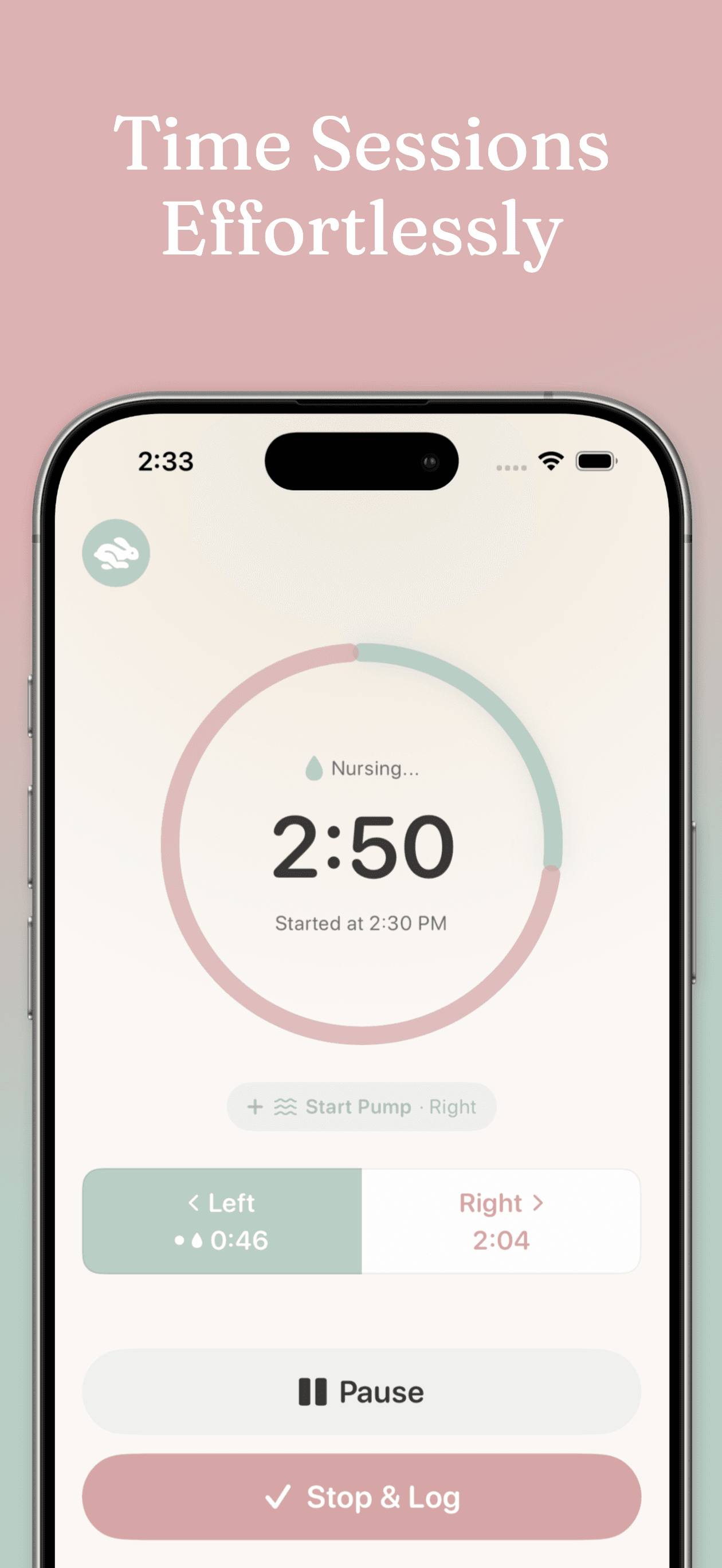 Milk & Minutes feeding timer screen showing active nursing session with elapsed time and side tracking