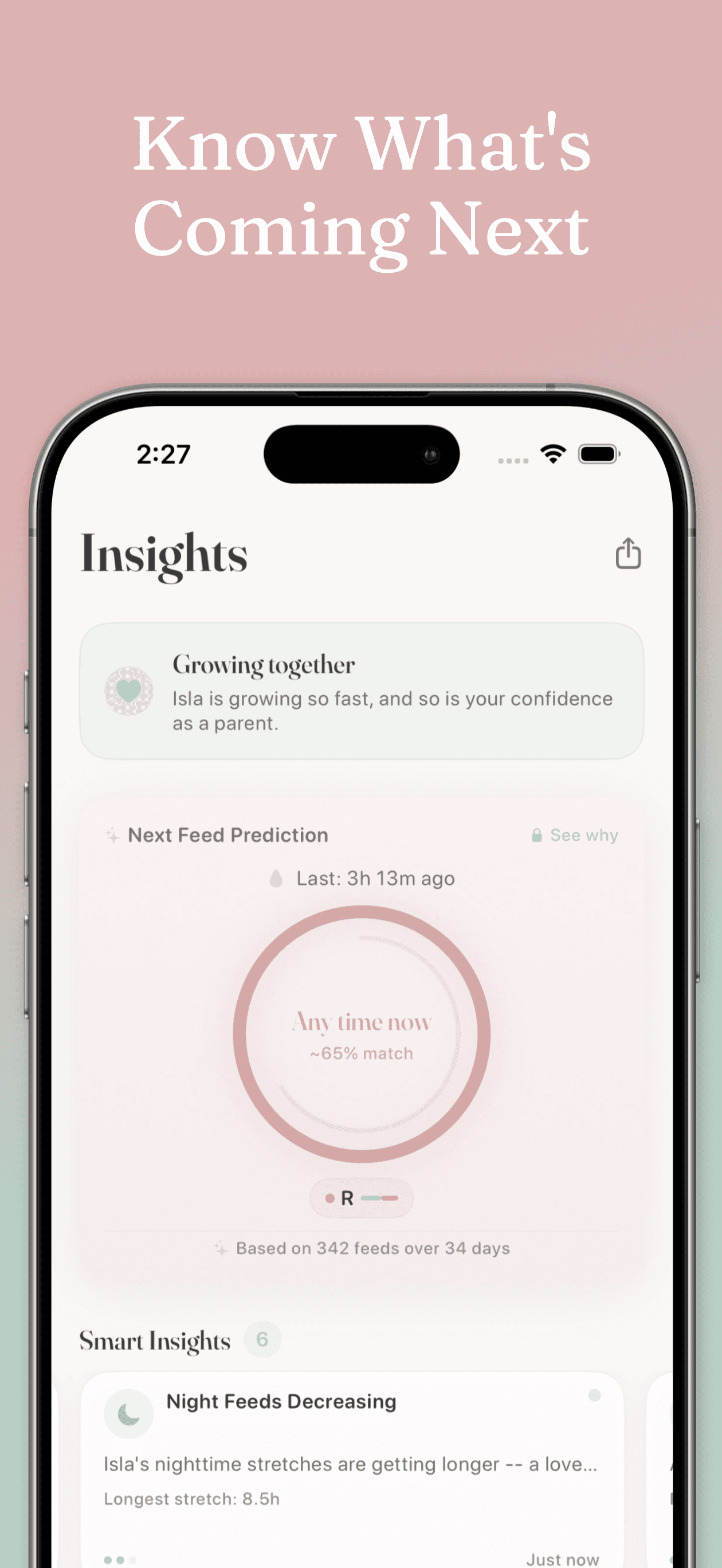Milk & Minutes next feed prediction screen showing estimated feeding time with confidence level