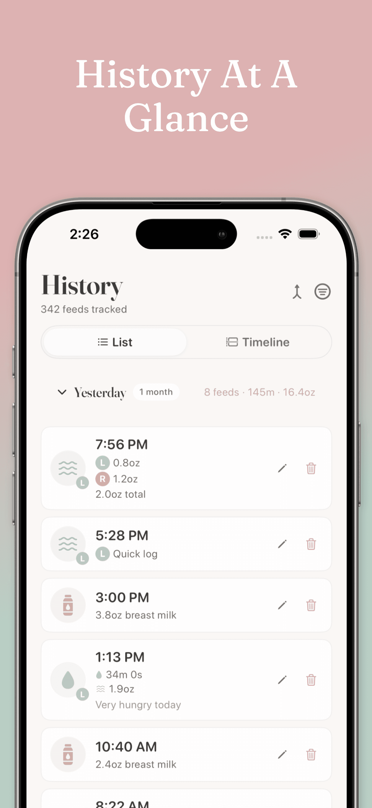 Milk & Minutes feeding history screen showing chronological list of all feeding sessions