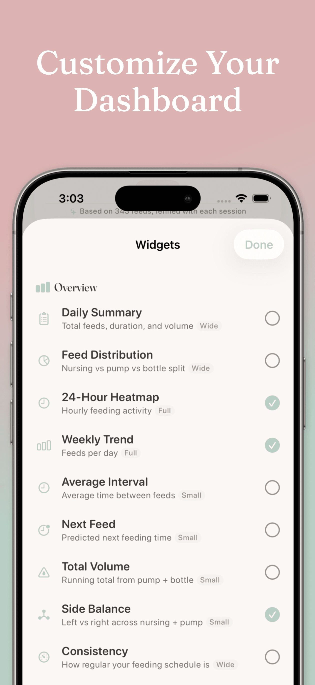 Milk & Minutes customization screen showing dashboard layout and widget preferences