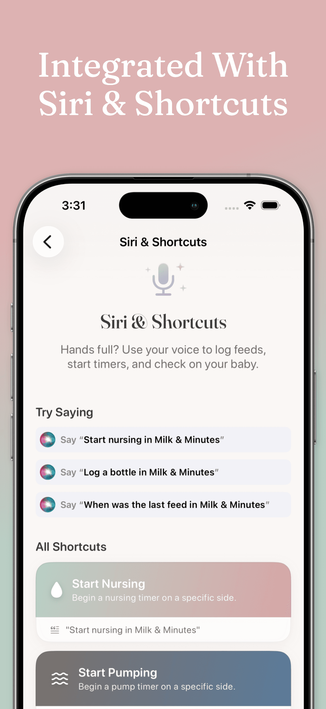 Milk & Minutes Siri integration screen showing voice-activated feeding logging shortcuts