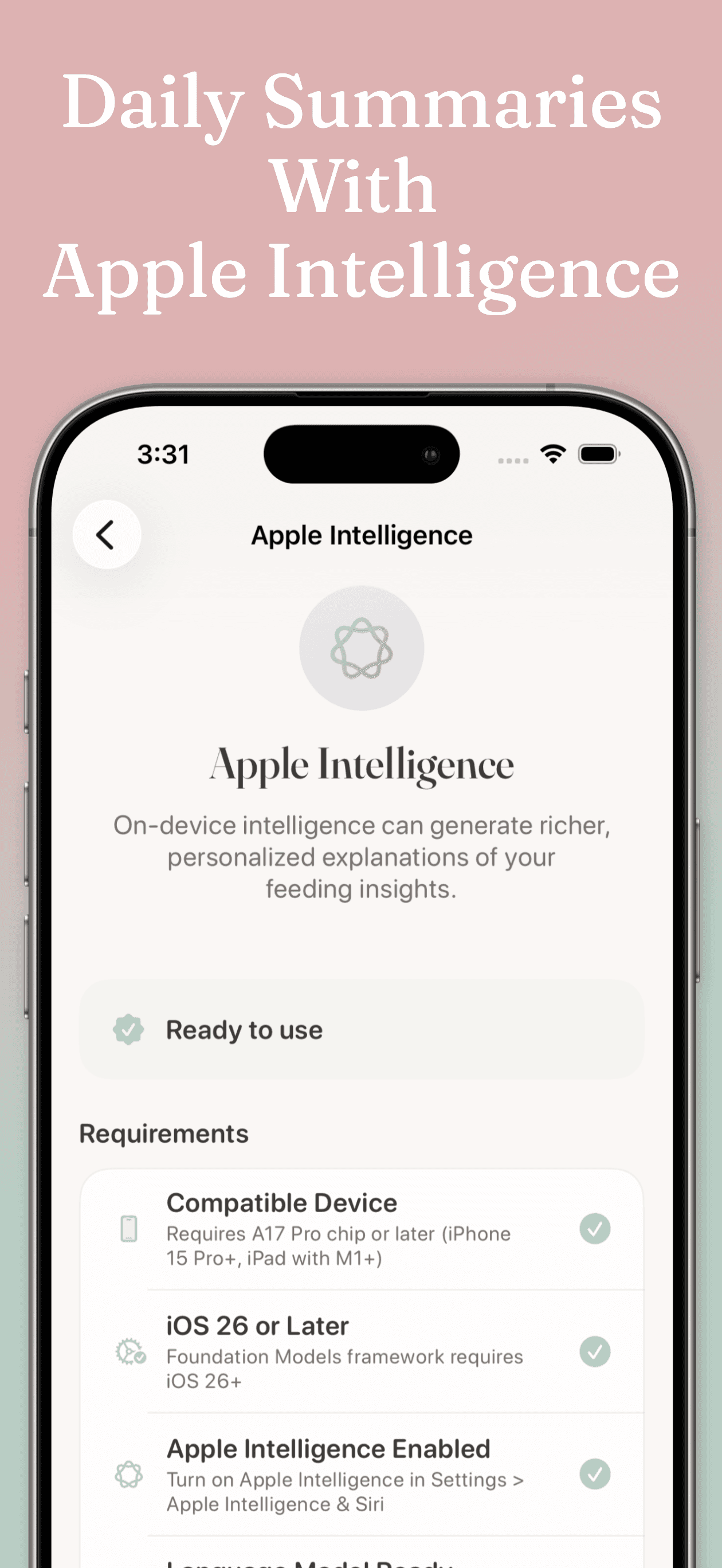 Milk & Minutes Apple Intelligence screen showing AI-generated daily feeding summary