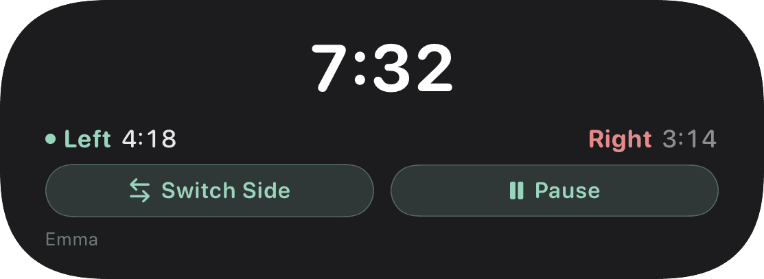 Dynamic Island expanded view showing 7:32 elapsed timer with Left 4:18 and Right 3:14 and Switch Side and Pause buttons