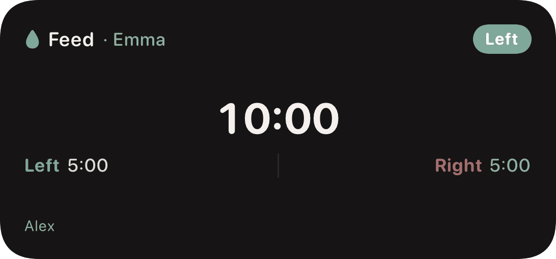 Home screen widget showing active feed with elapsed time and side information