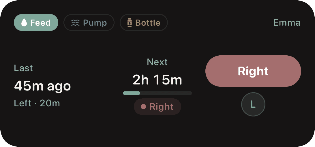 Home screen feed widget showing last feed info and time since last feed