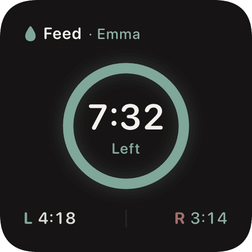 Home screen timer widget showing active nursing timer with left and right side times