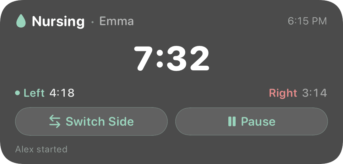 Lock screen Live Activity showing Nursing Emma at 7:32 elapsed, Left 4:18 and Right 3:14, with Switch Side and Pause buttons