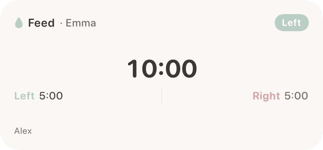 Home screen widget showing active feed with elapsed time and side information