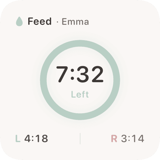Home screen timer widget showing active nursing timer with left and right side times