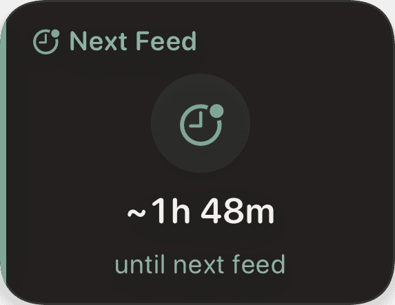 Next Feed prediction widget showing approximately 1 hour 48 minutes until next feed