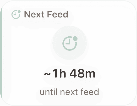 Next Feed prediction widget showing approximately 1 hour 48 minutes until next feed