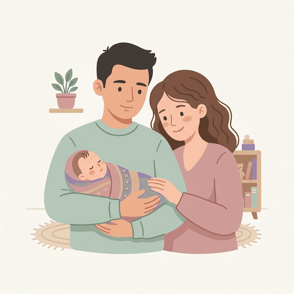 Illustration of parents holding a newborn baby together in a nursery