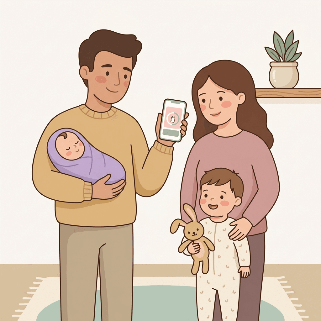 Illustration of a family using Milk & Minutes to track their newborn