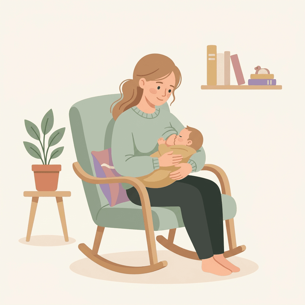 Illustration of a mother breastfeeding her baby in a nursery rocking chair