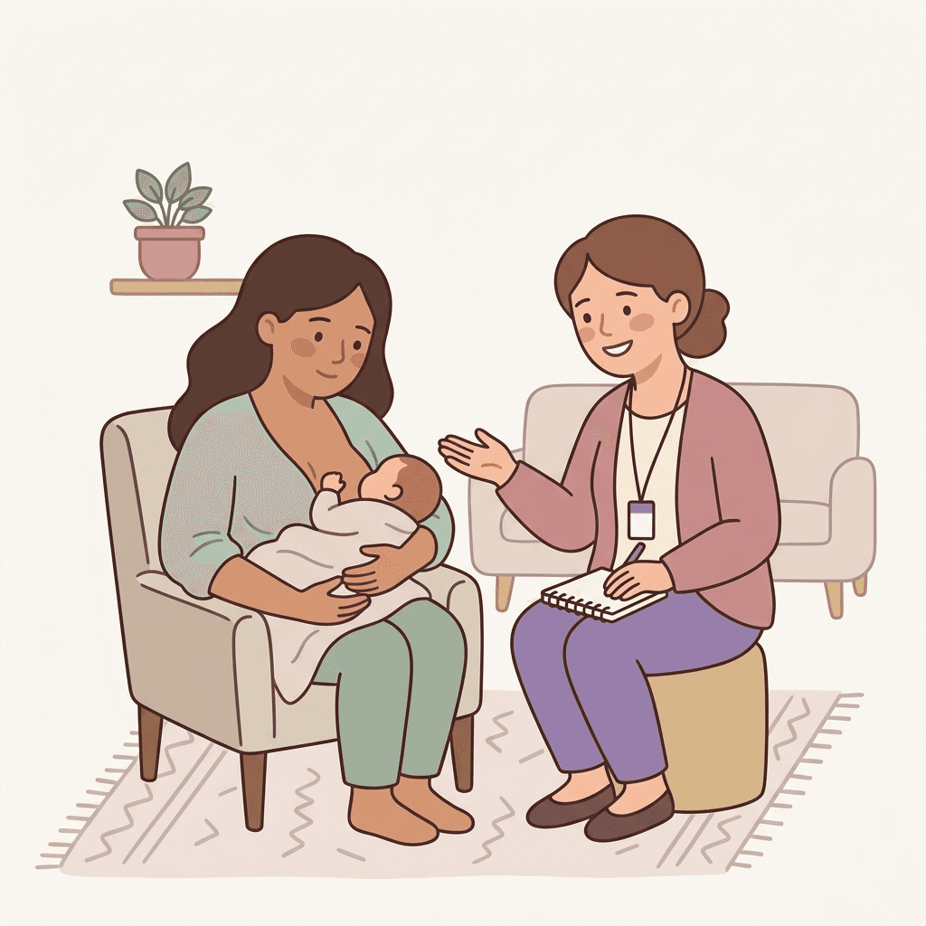 A lactation consultant supporting a mother and newborn