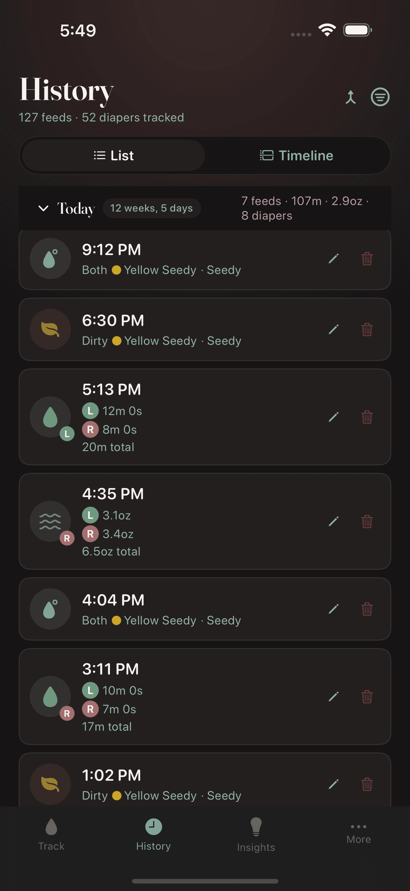 History showing 127 feeds and 52 diapers tracked with chronological list
