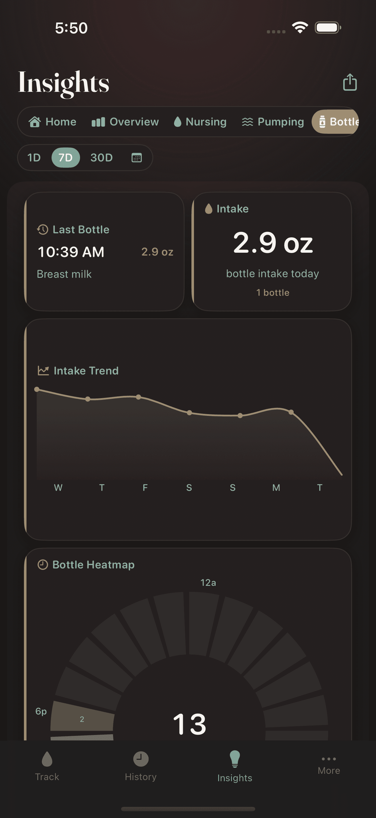 Bottle insights with intake tracking and bottle-specific metrics