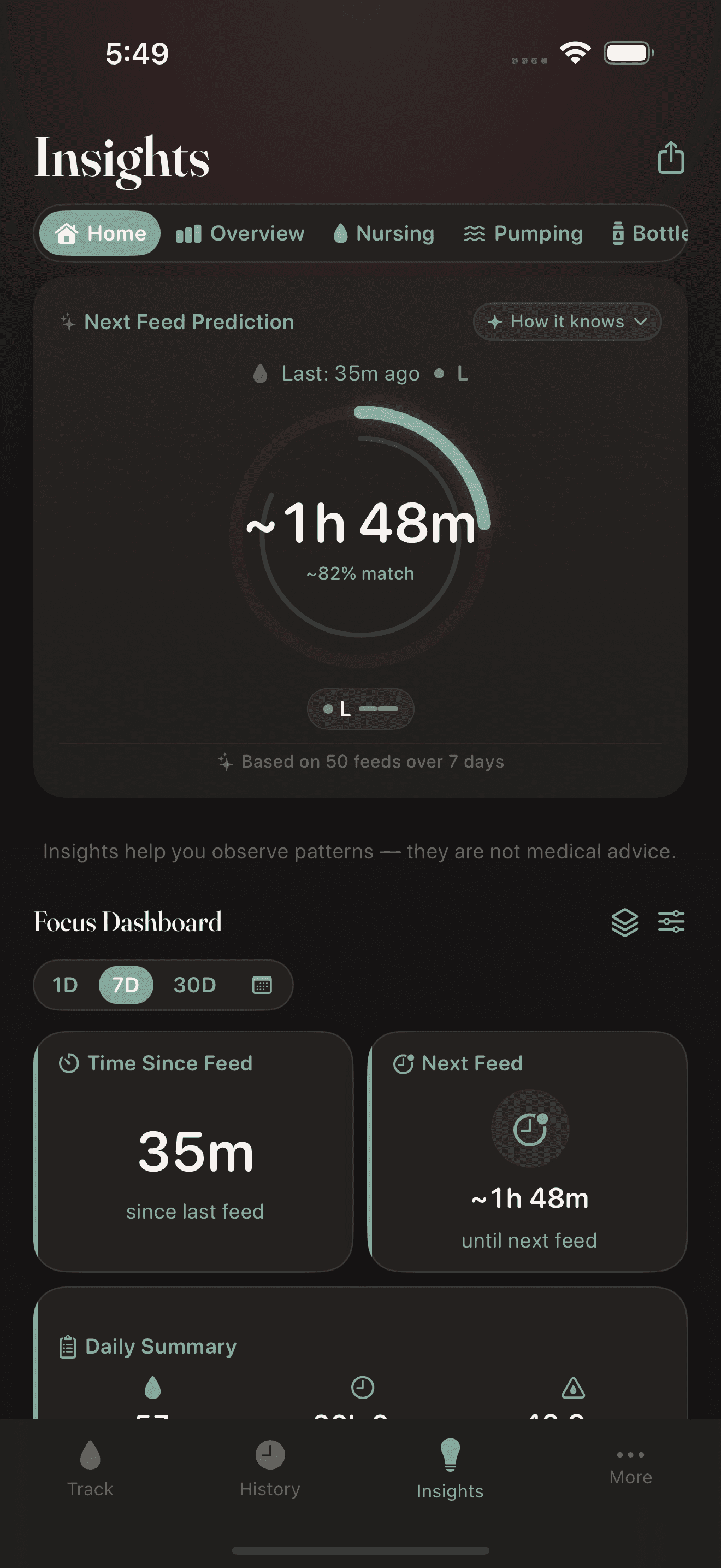 Insights dashboard with next feed prediction and focus dashboard widgets