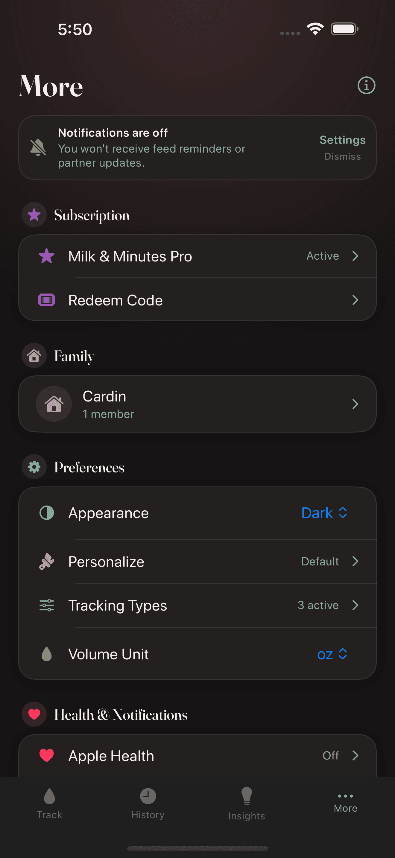 Settings menu showing family members, subscription, and preferences