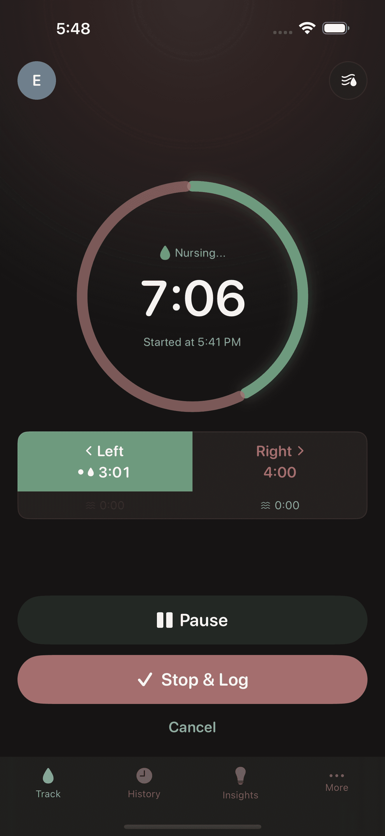 Active nursing timer at 7:06 with left/right side tracking