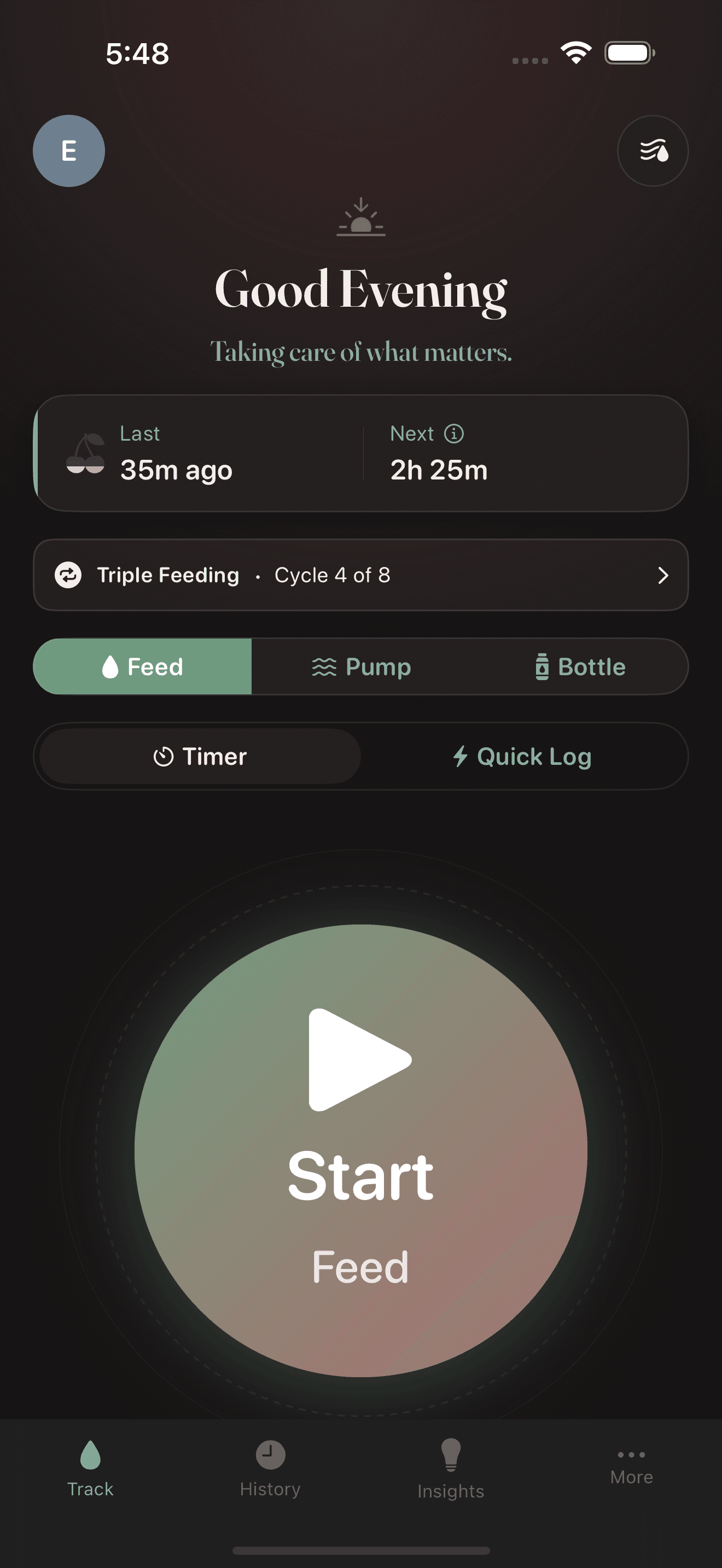 Track screen with greeting, last/next feed times, feed type tabs, and large start button