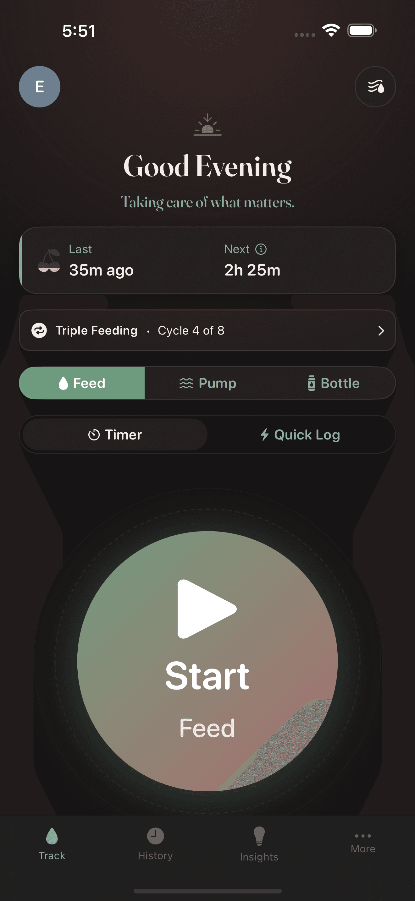 Triple feeding protocol with cycle progress tracking