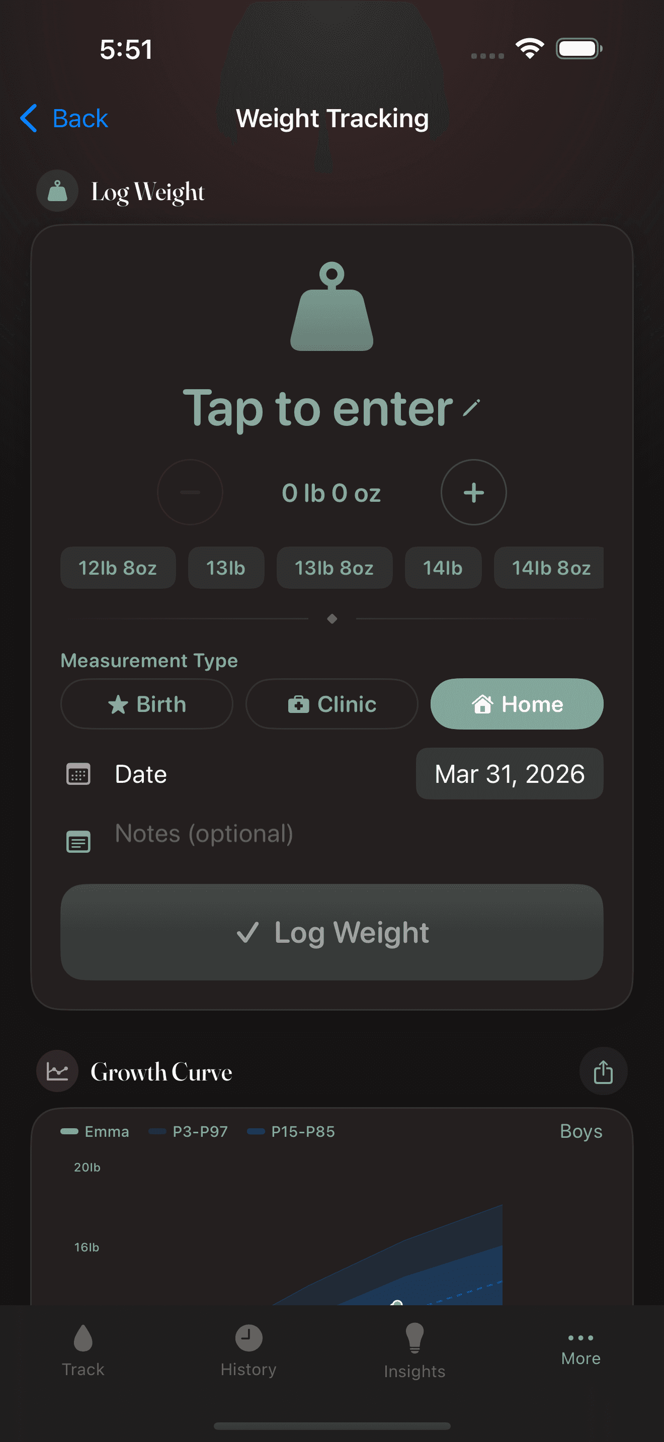 Weight tracking with WHO growth curve and percentile bands