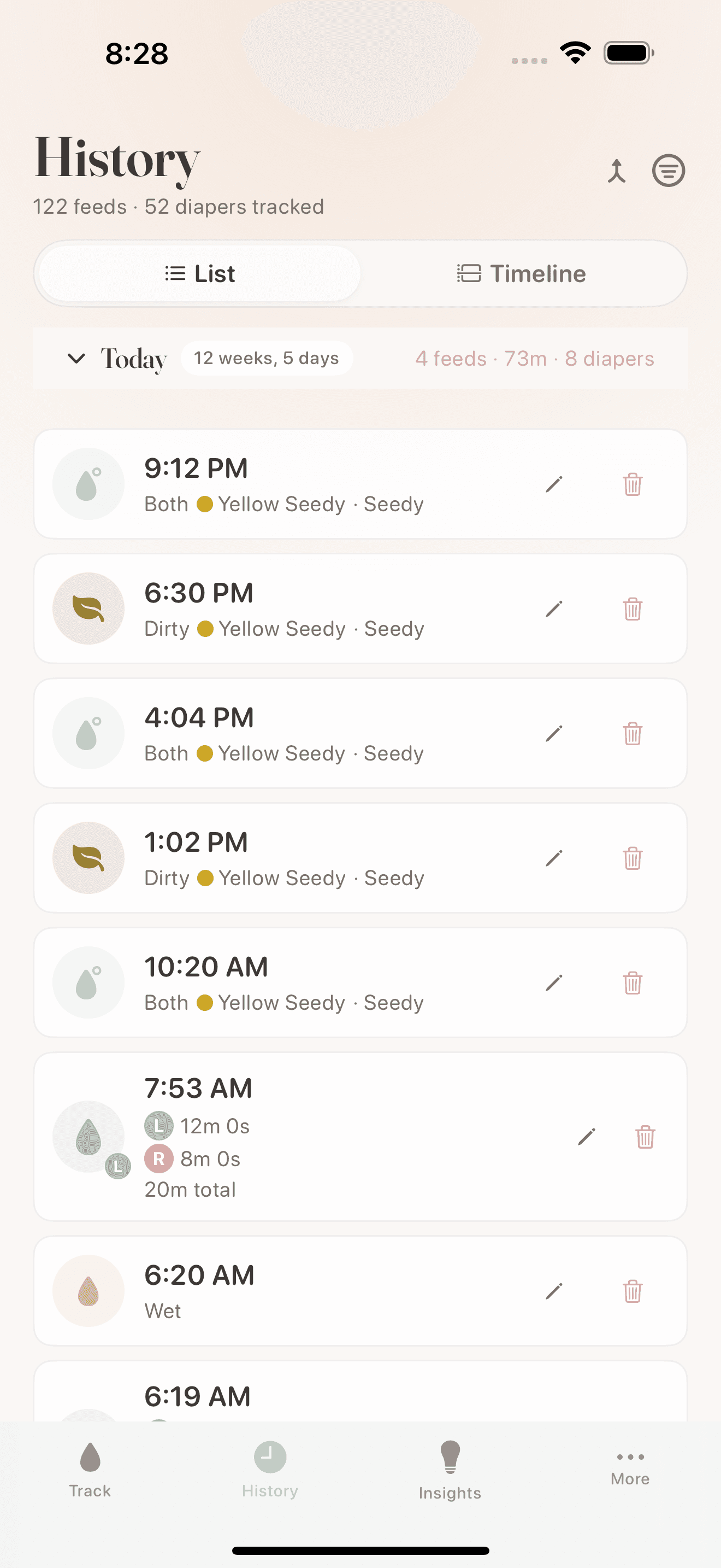 Milk & Minutes iOS history with timestamped nursing and diaper entries