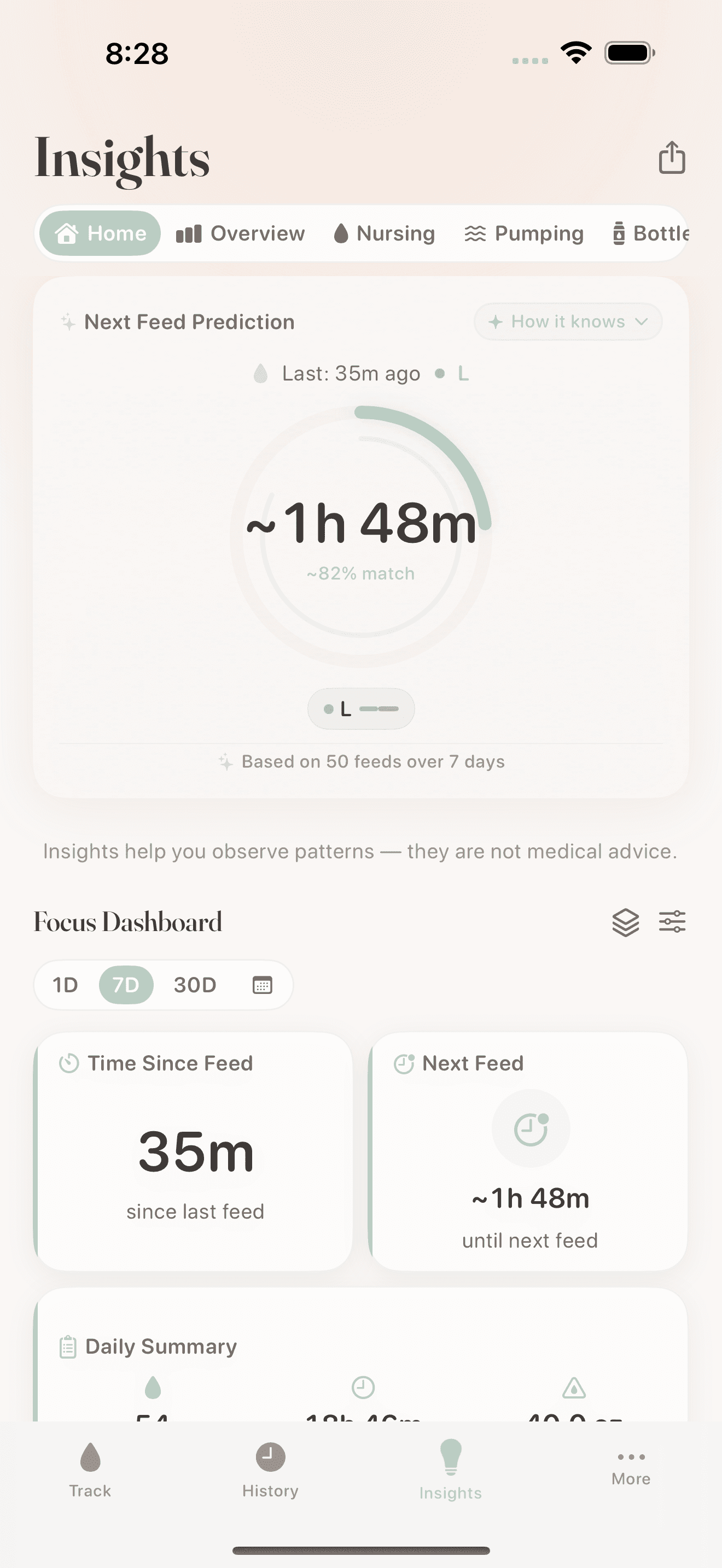 Insights dashboard with next feed prediction and focus dashboard widgets