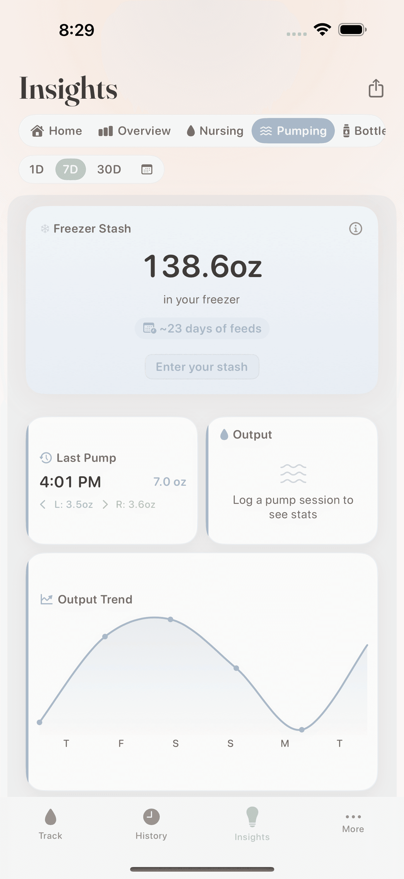 Milk & Minutes iOS pumping insights with a freezer stash, last pump, and output trend