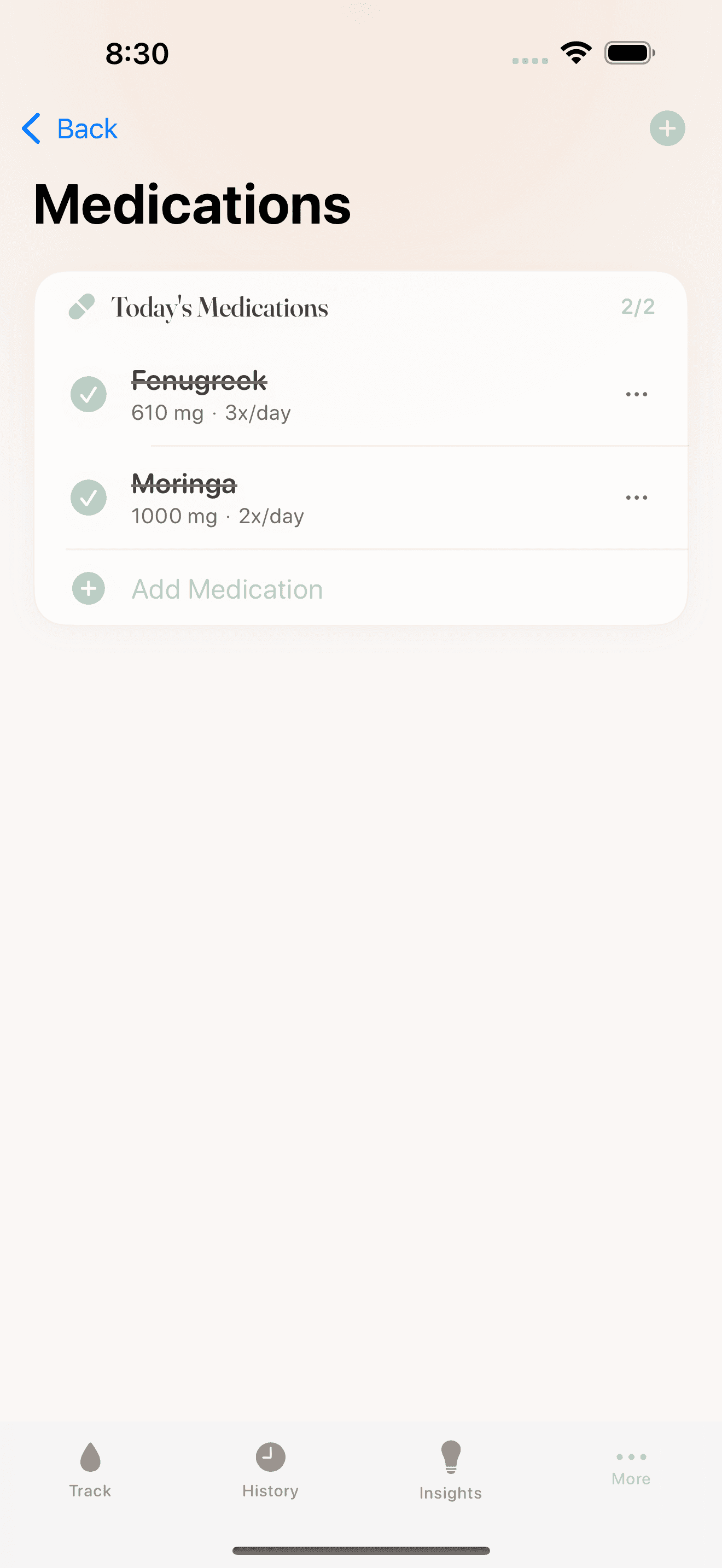 Medicine and herbals tracking with curated catalog and quick log