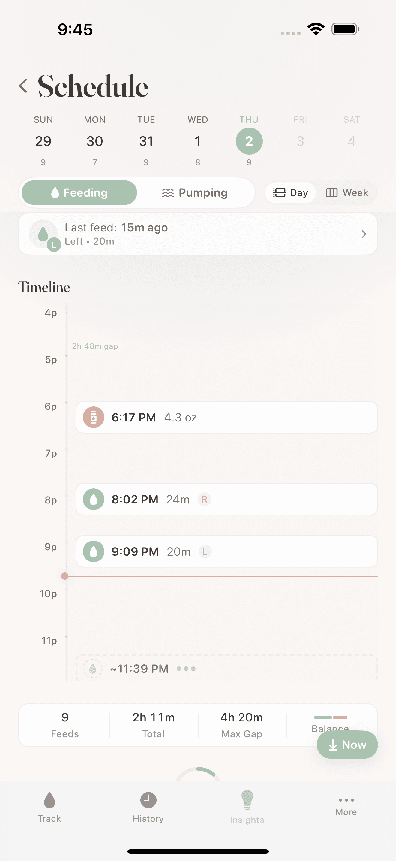 Schedule view showing day timeline with feed events, predictions, and cluster feeding badges