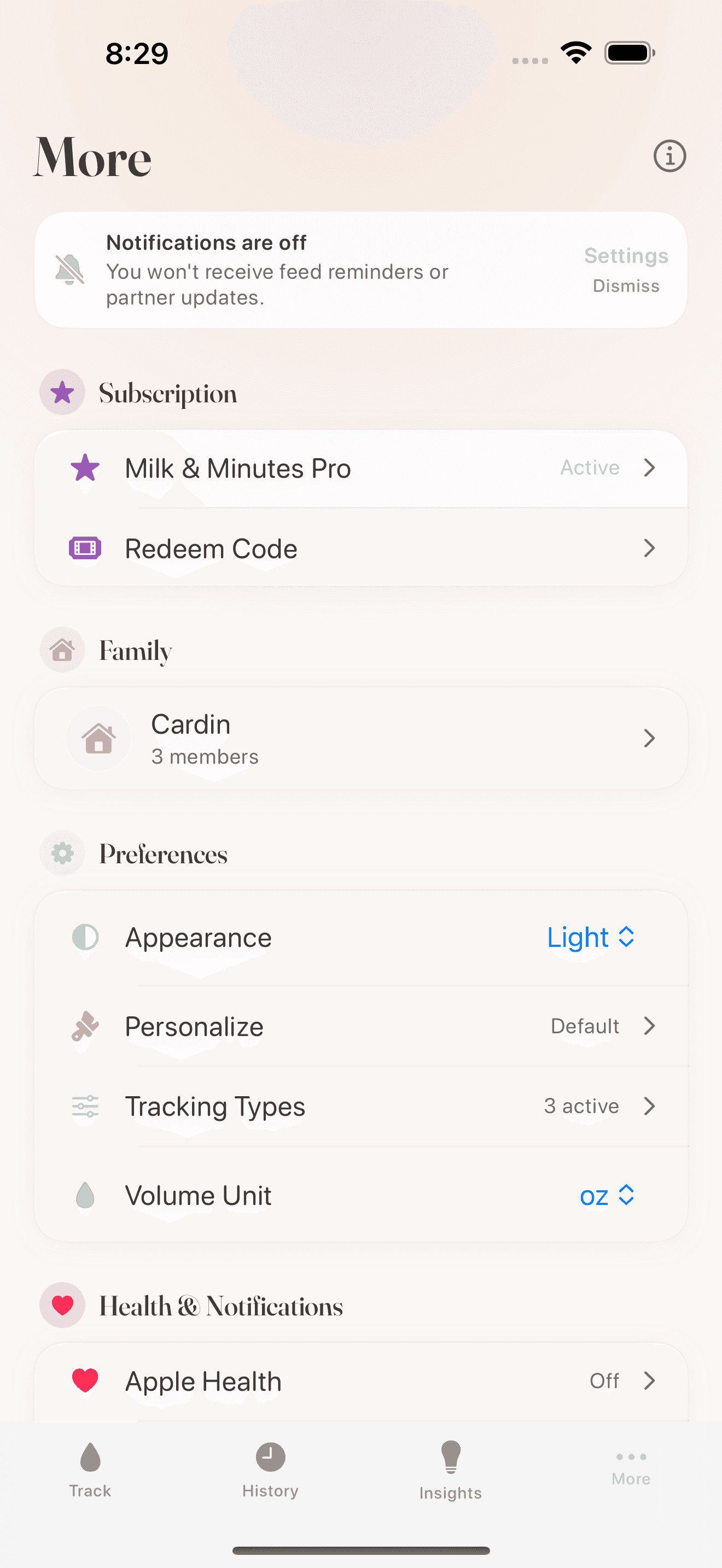Settings menu showing family members, subscription, and preferences