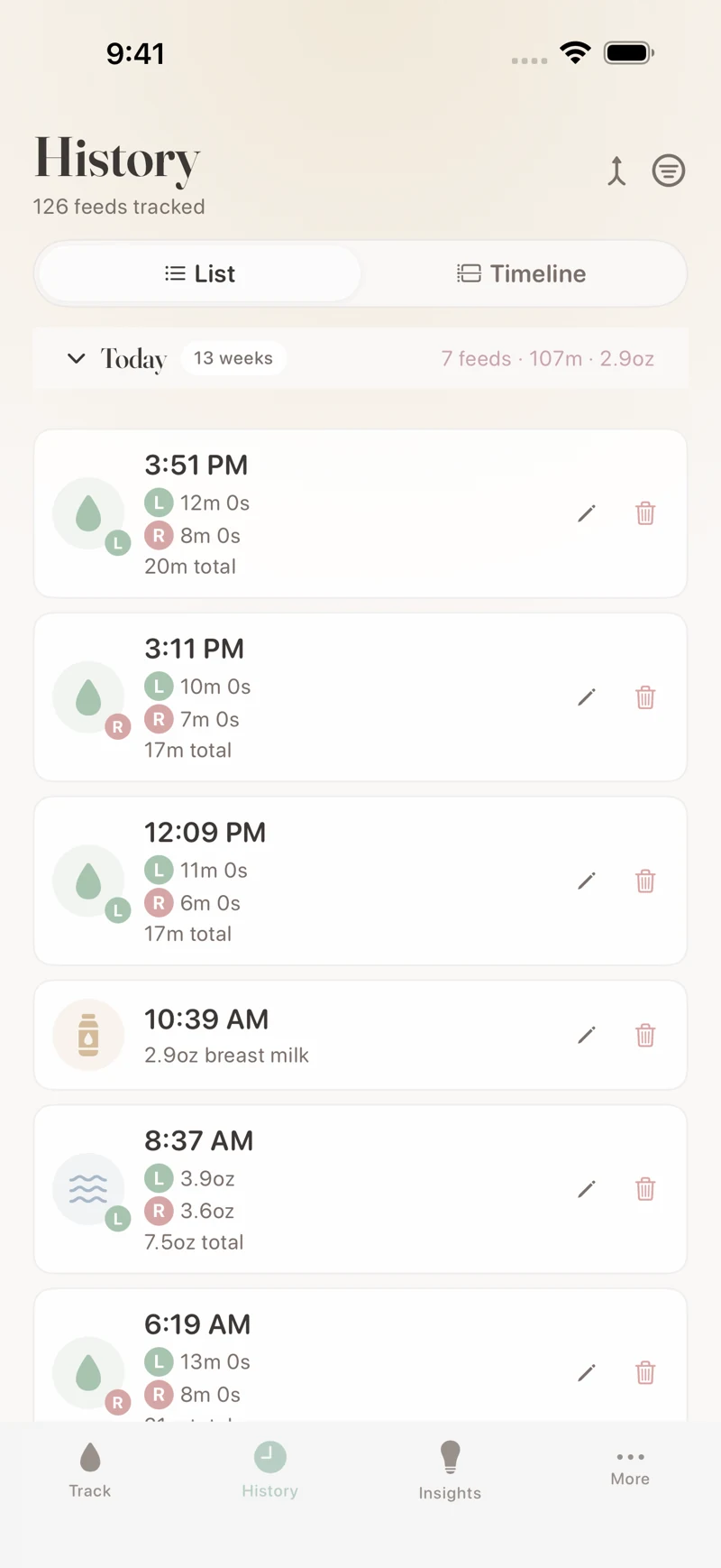 Milk & Minutes iOS shared history with timestamped nursing, pumping, and bottle entries