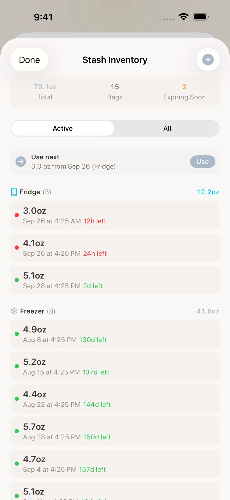 Milk & Minutes iOS Pro milk inventory with individual bags, storage locations, and recorded expiration dates