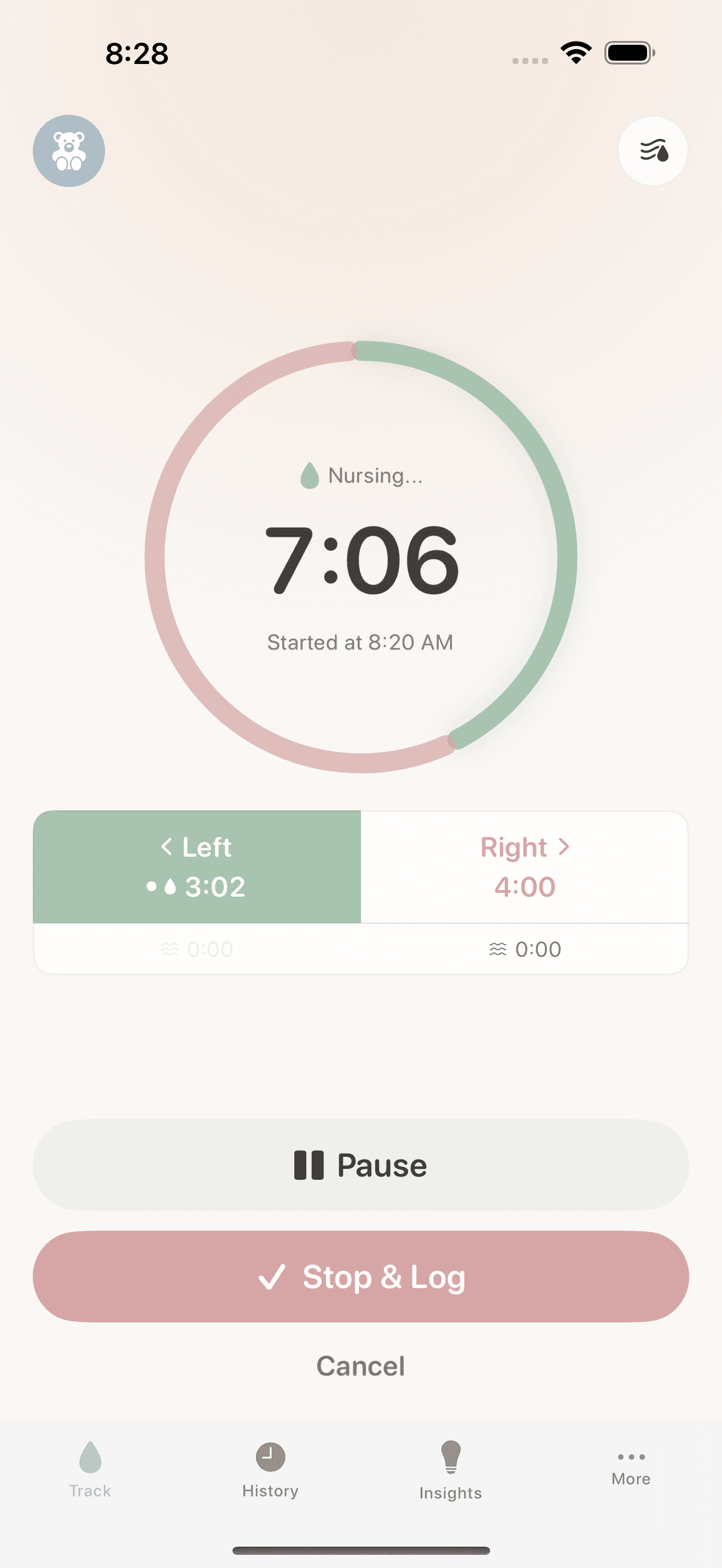 Active nursing timer at 7:06 with left/right side tracking
