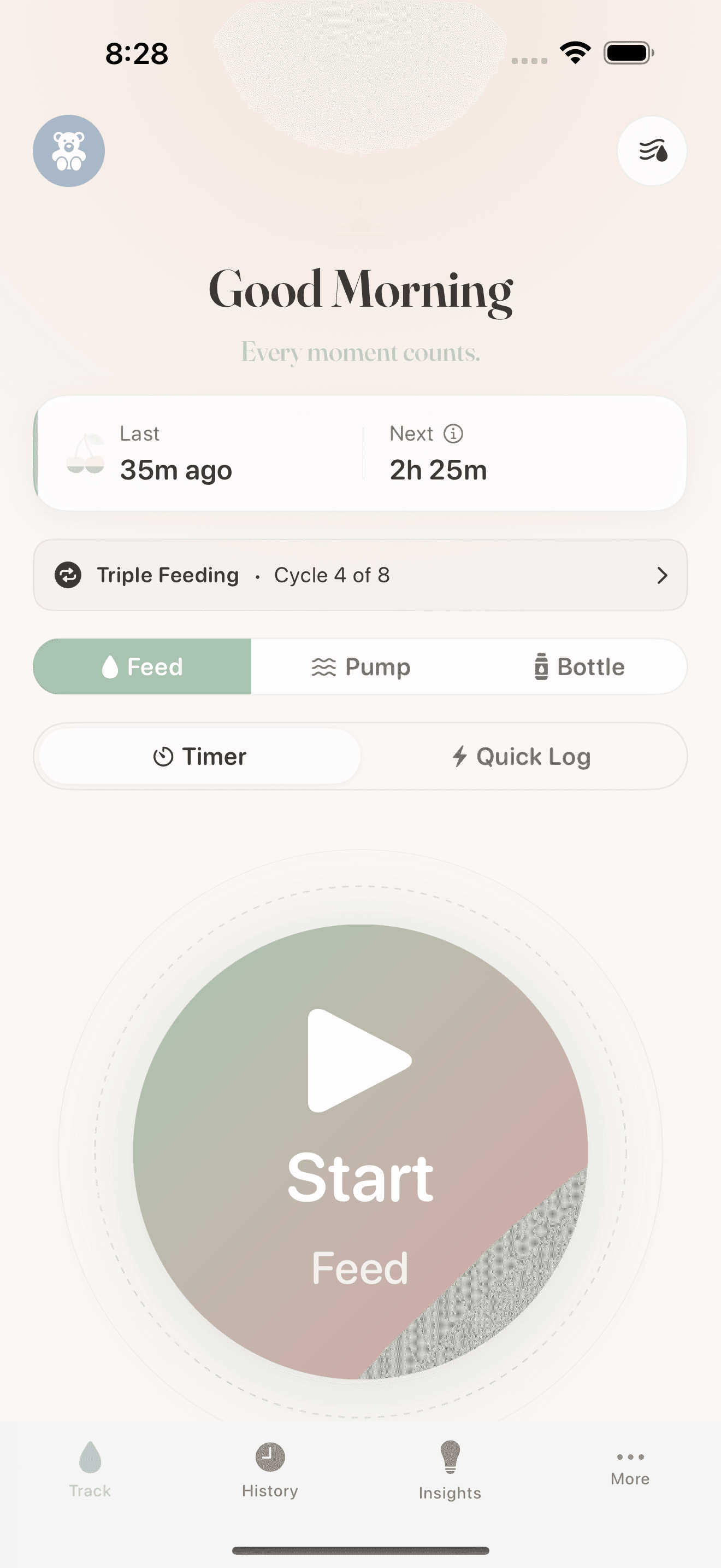 Track screen with greeting, last/next feed times, feed type tabs, and large start button