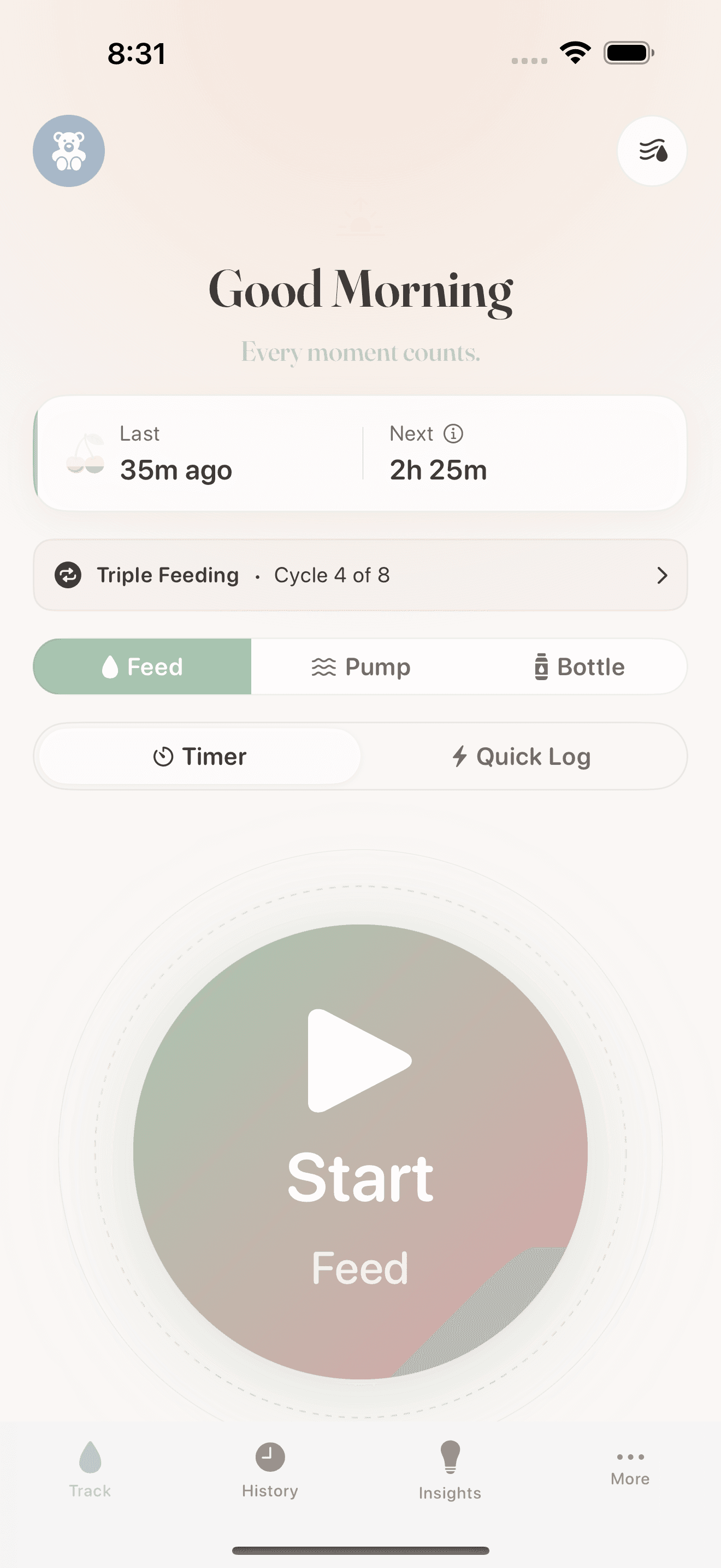 Triple feeding protocol with cycle progress tracking