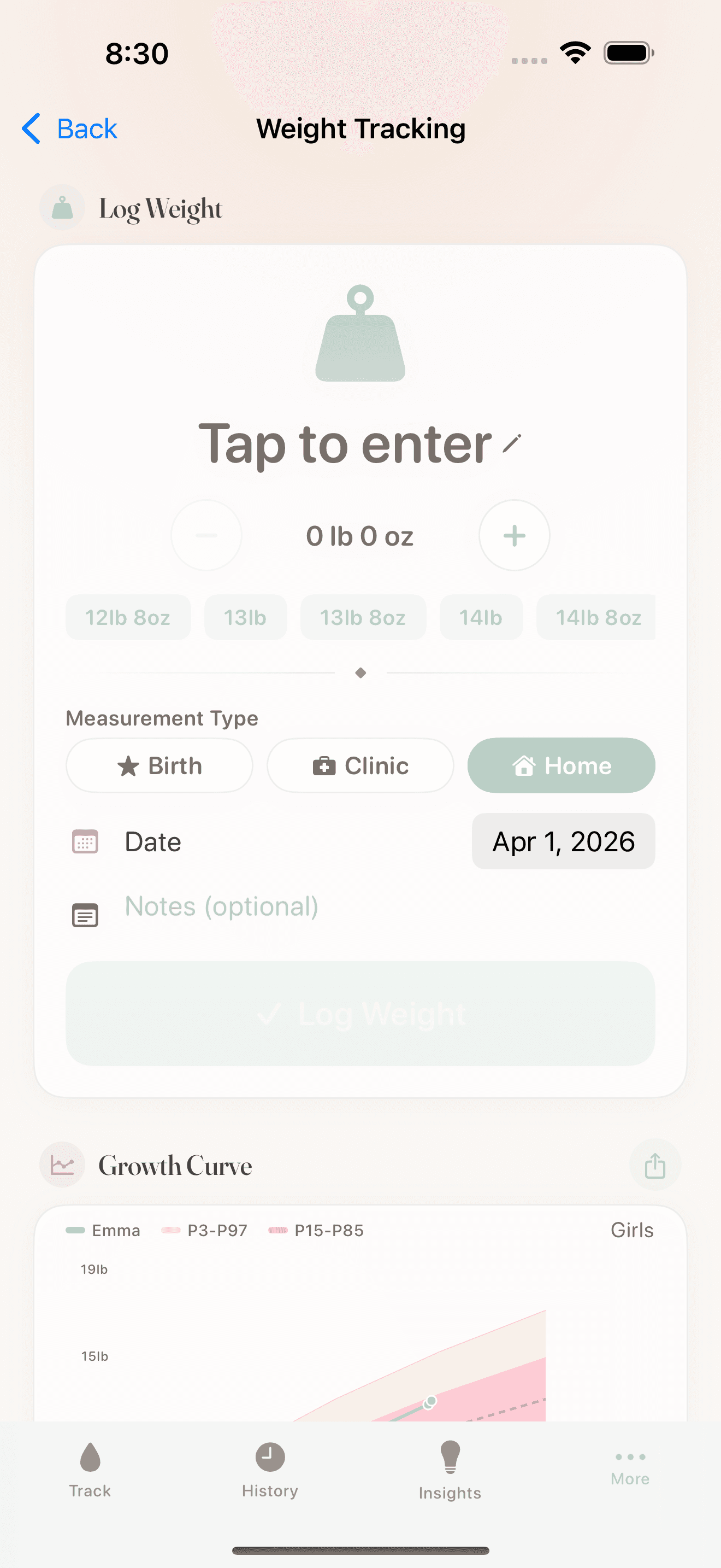 Weight tracking with WHO growth curve and percentile bands