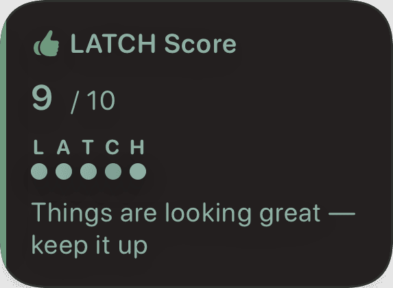 LATCH Score widget showing 9 out of 10